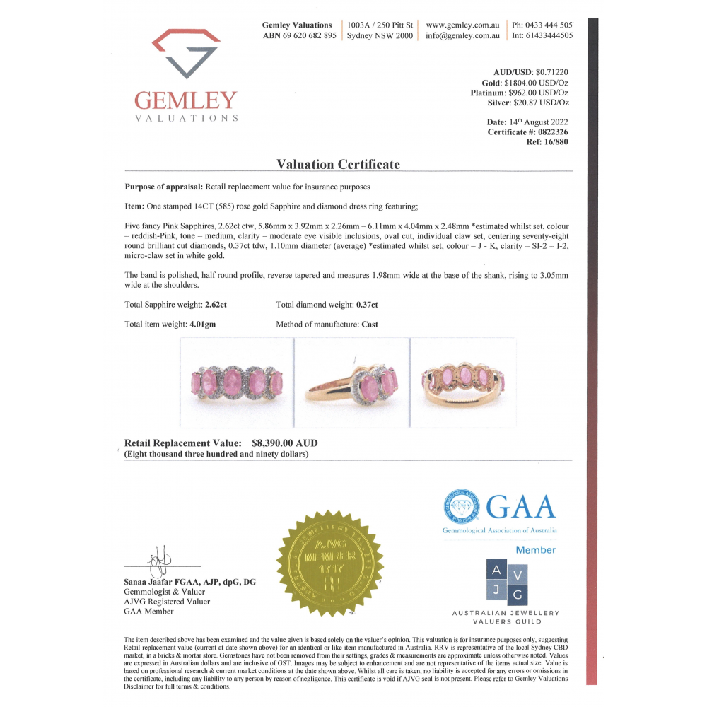 Rose Gold, Pink Sapphire and Diamond Halo Eternity Ring