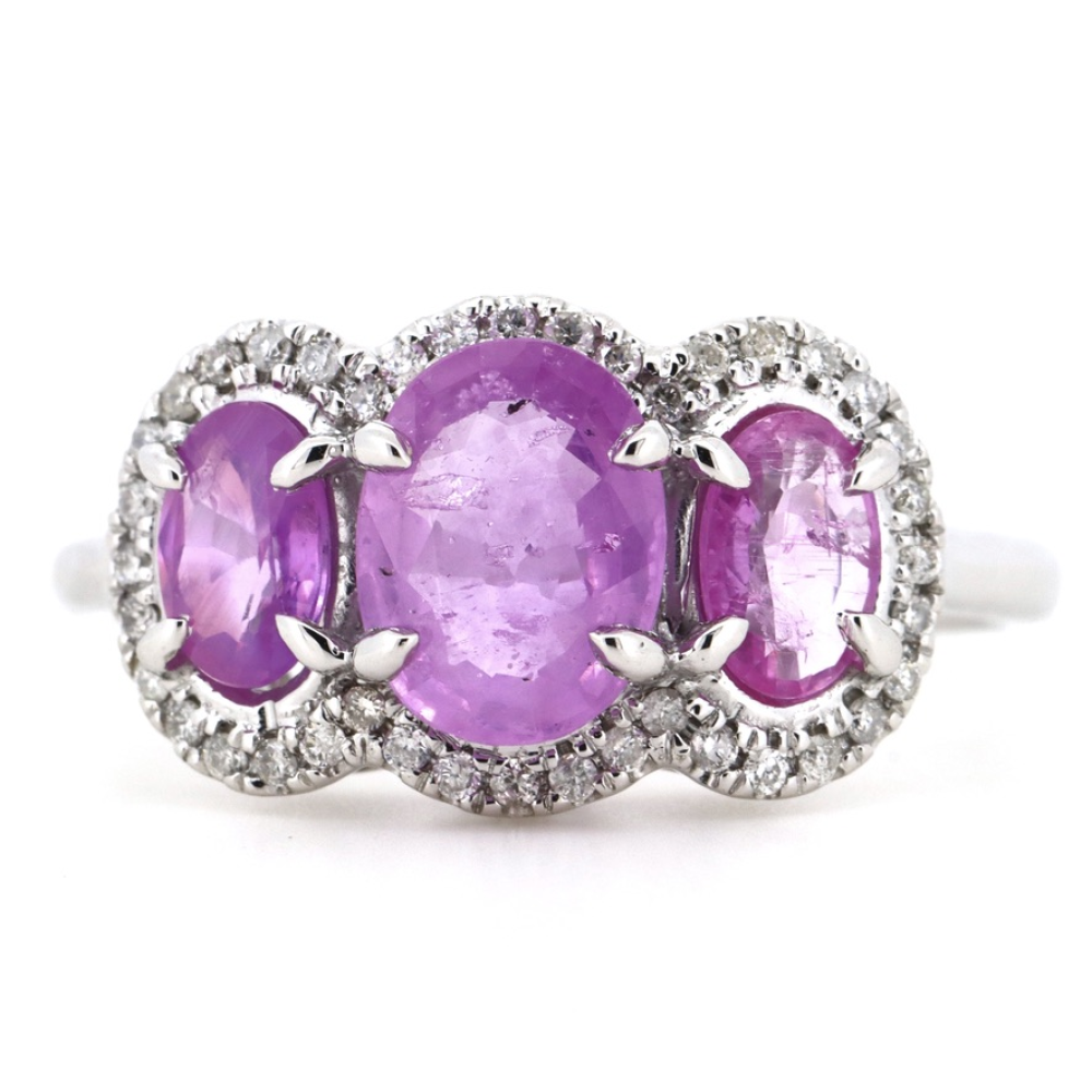 White Gold, Sapphire and Diamond Halo Trilogy Ring