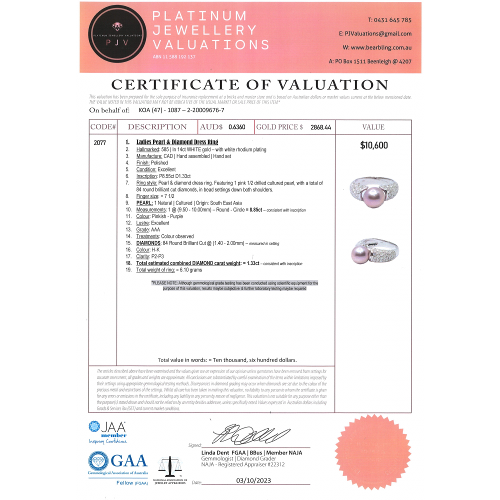 White Gold Pink Cultured South Sea Pearl and Diamond Statement Ring