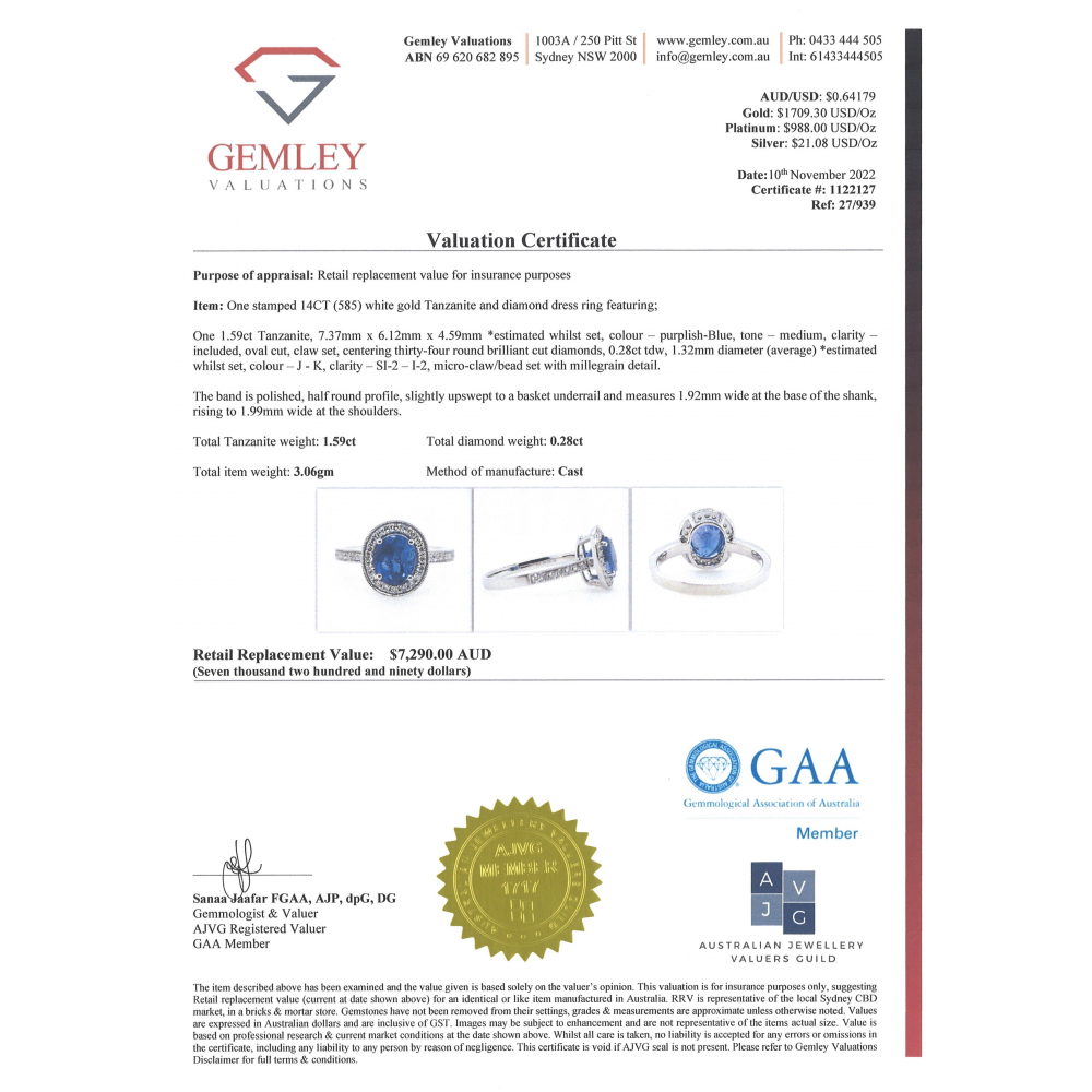 1.59ct White Gold, Tanzanite and Diamond Halo Ring