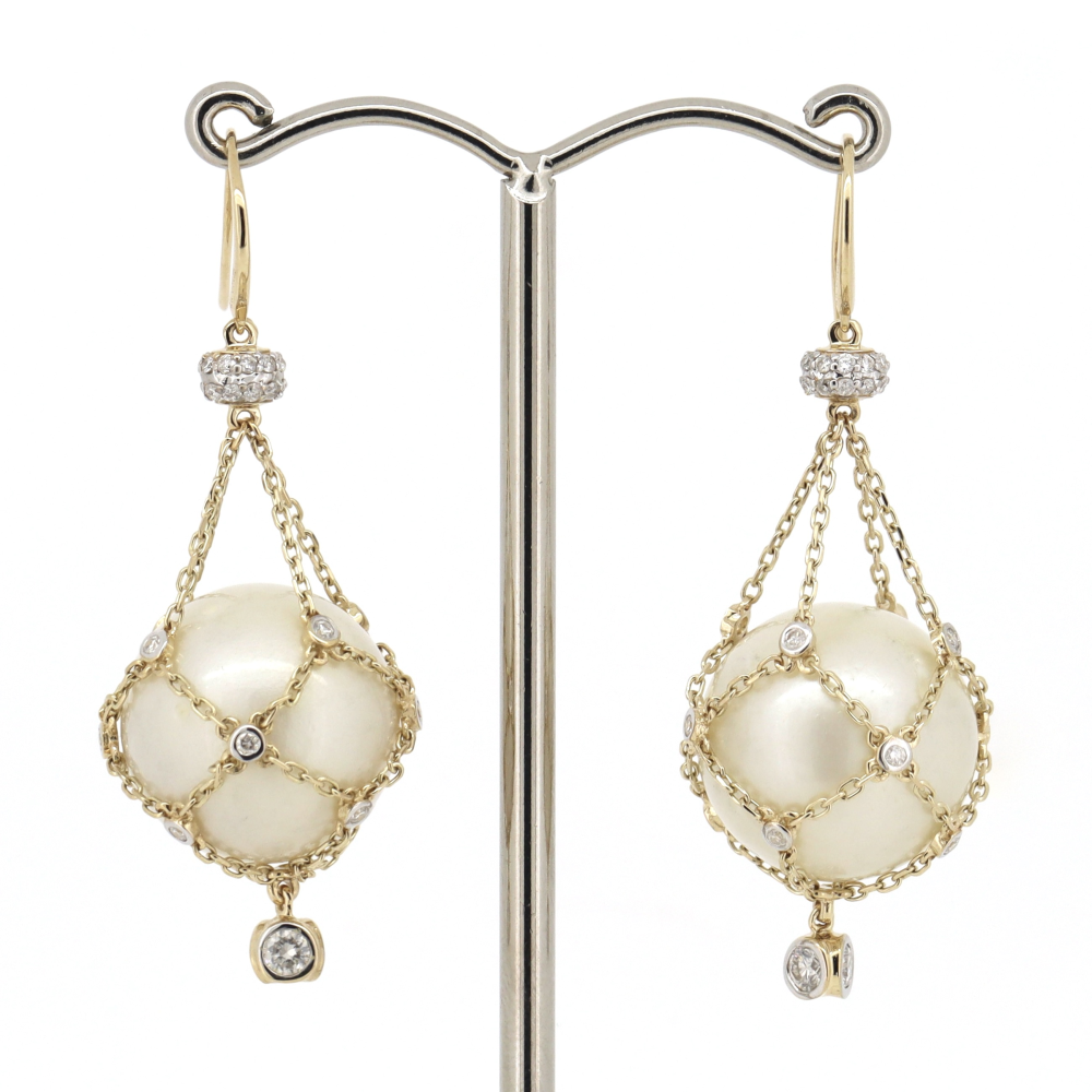 Yellow Gold White South Sea Pearl & Diamond Cage Earrings – Refined Coastal Luxury