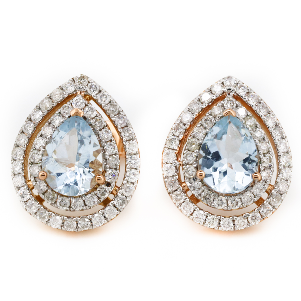 Rose Gold Aquamarine and Diamond Double Halo Stud Earrings