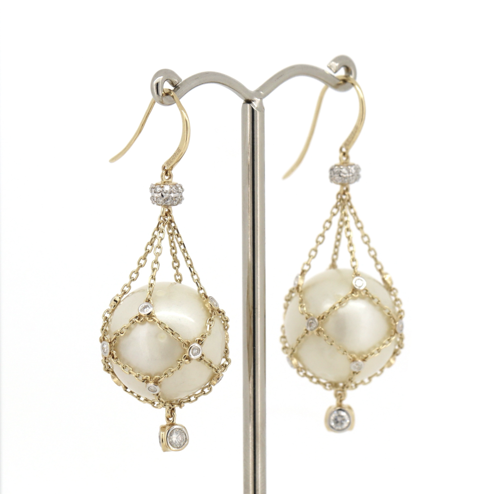 Yellow Gold White South Sea Pearl & Diamond Cage Earrings – Refined Coastal Luxury