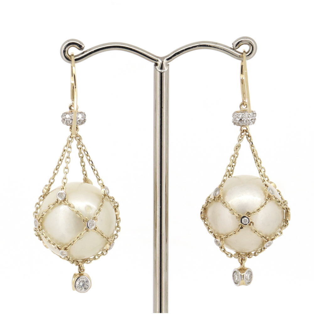 Yellow Gold White South Sea Pearl & Diamond Cage Earrings – Refined Coastal Luxury