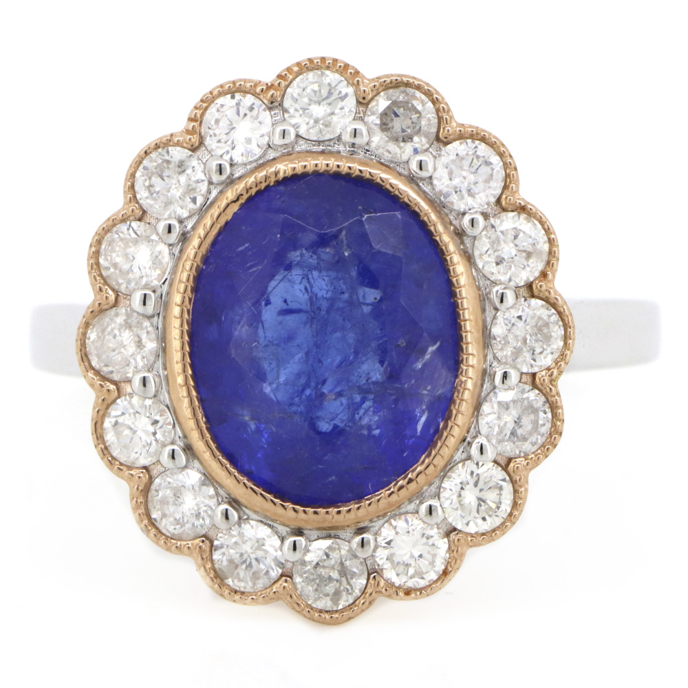 3.12ct White/Rose Gold, Tanzanite and Diamond Scalloped Halo Ring