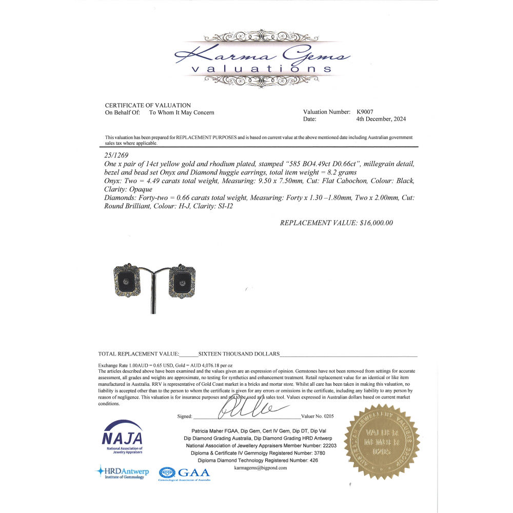 Yellow Gold Onyx & Diamond Huggie Earrings