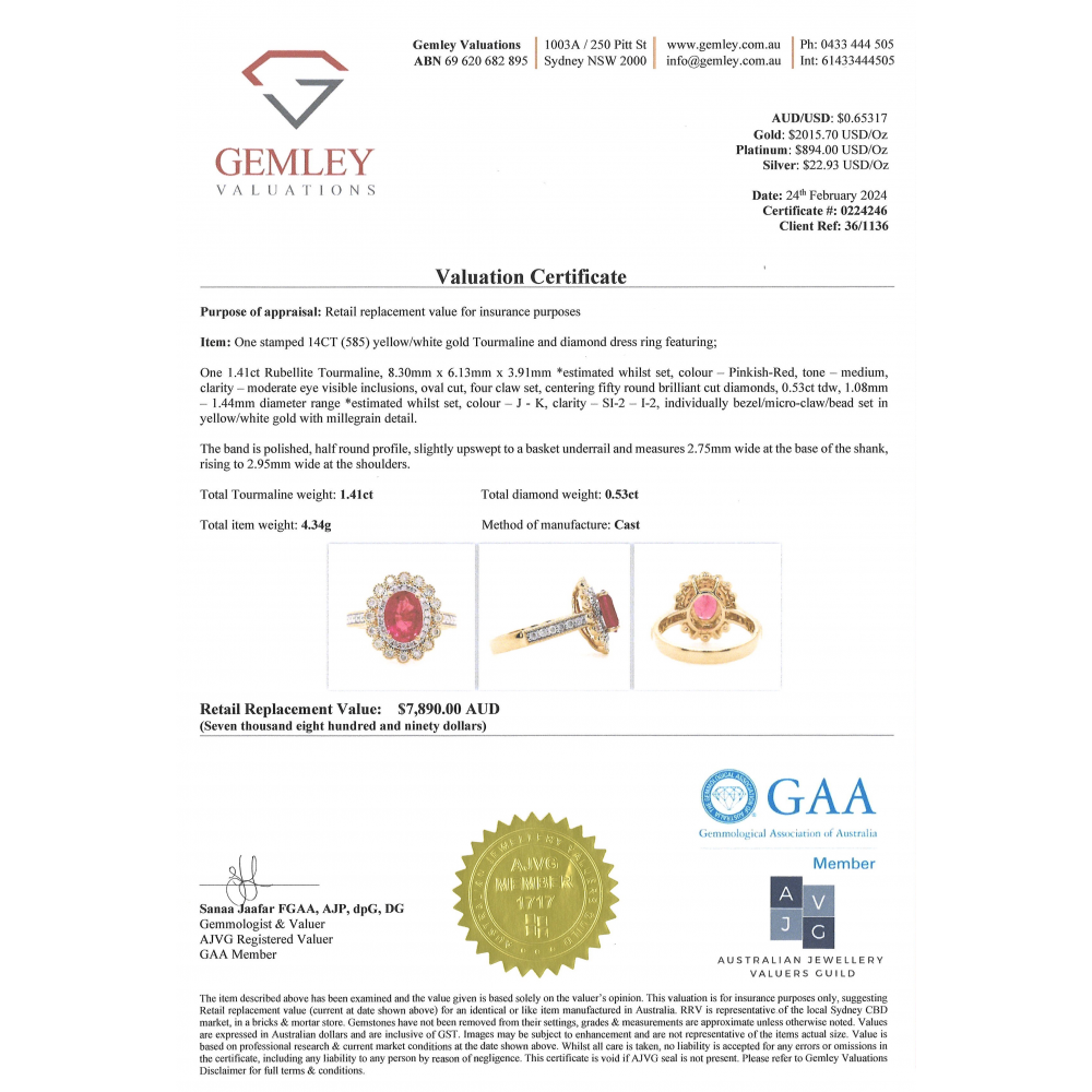 Yellow/White Gold Rubellite Tourmaline and Diamond Double Halo Ring