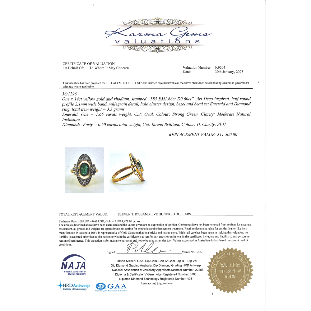 1.66ct Yellow Gold Emerald and Diamond Art Deco Inspired Ring