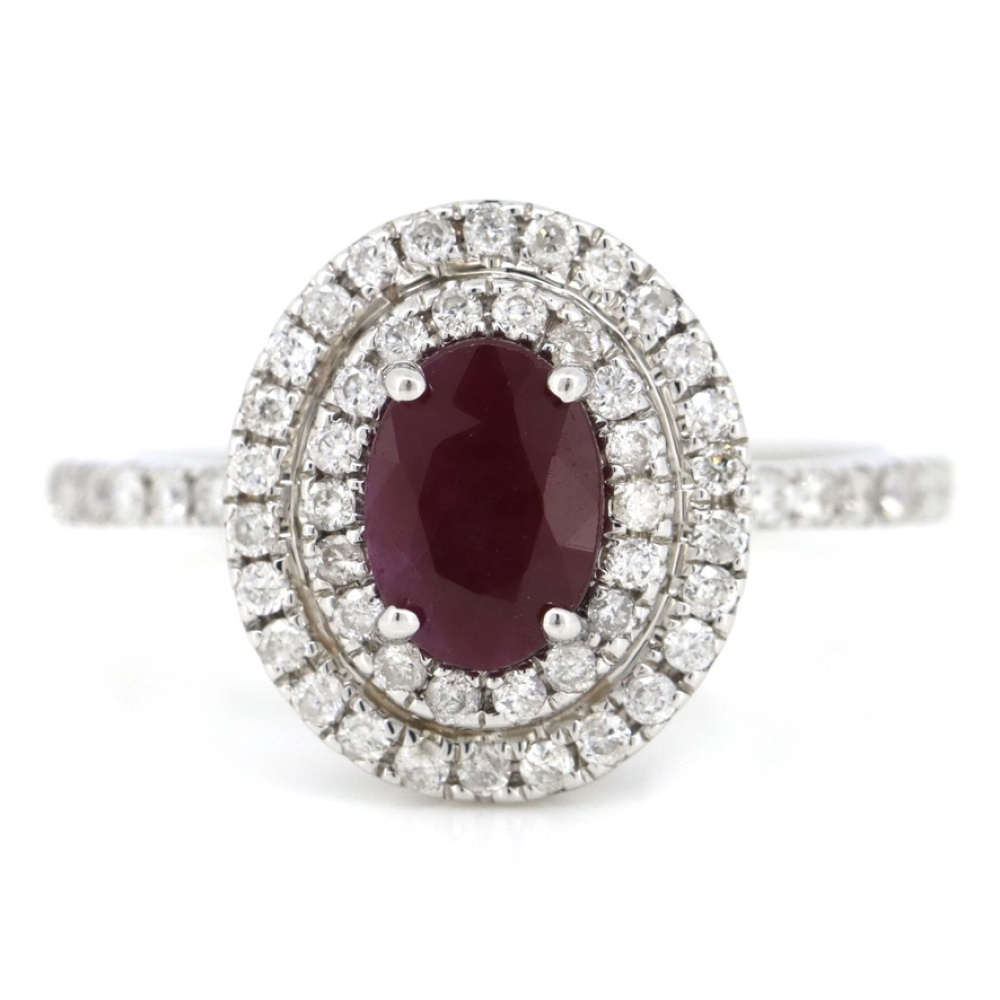 1.06ct Oval cut White Gold, Ruby and Diamond Double Halo Ring