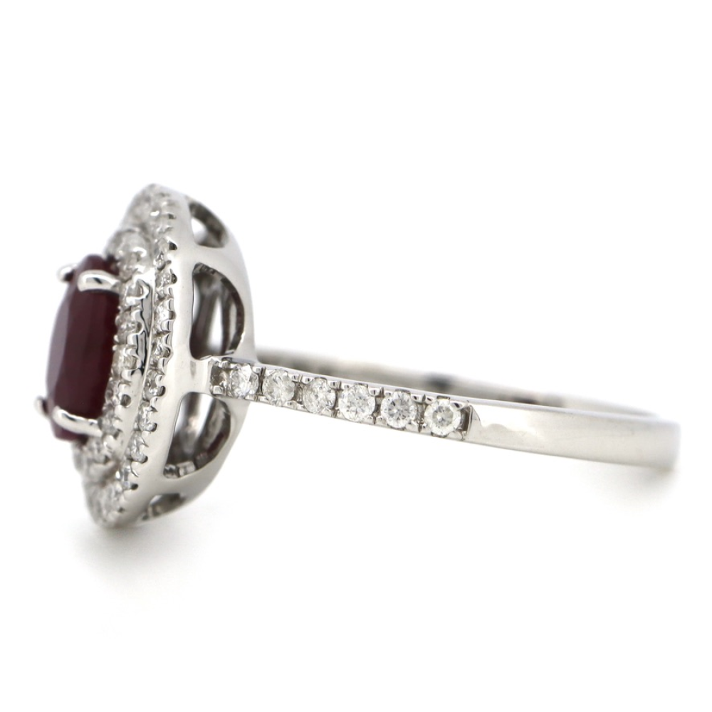 1.06ct Oval cut White Gold, Ruby and Diamond Double Halo Ring