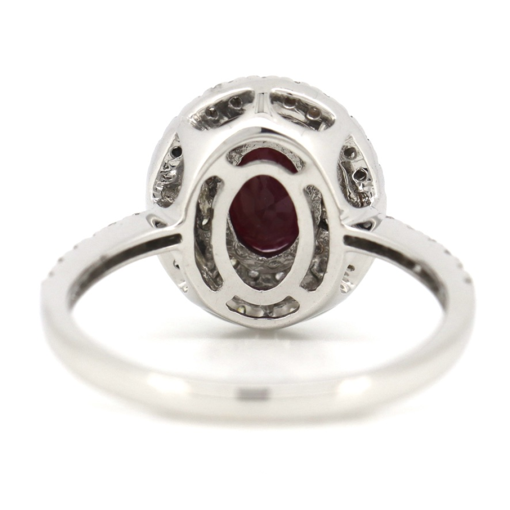 1.06ct Oval cut White Gold, Ruby and Diamond Double Halo Ring