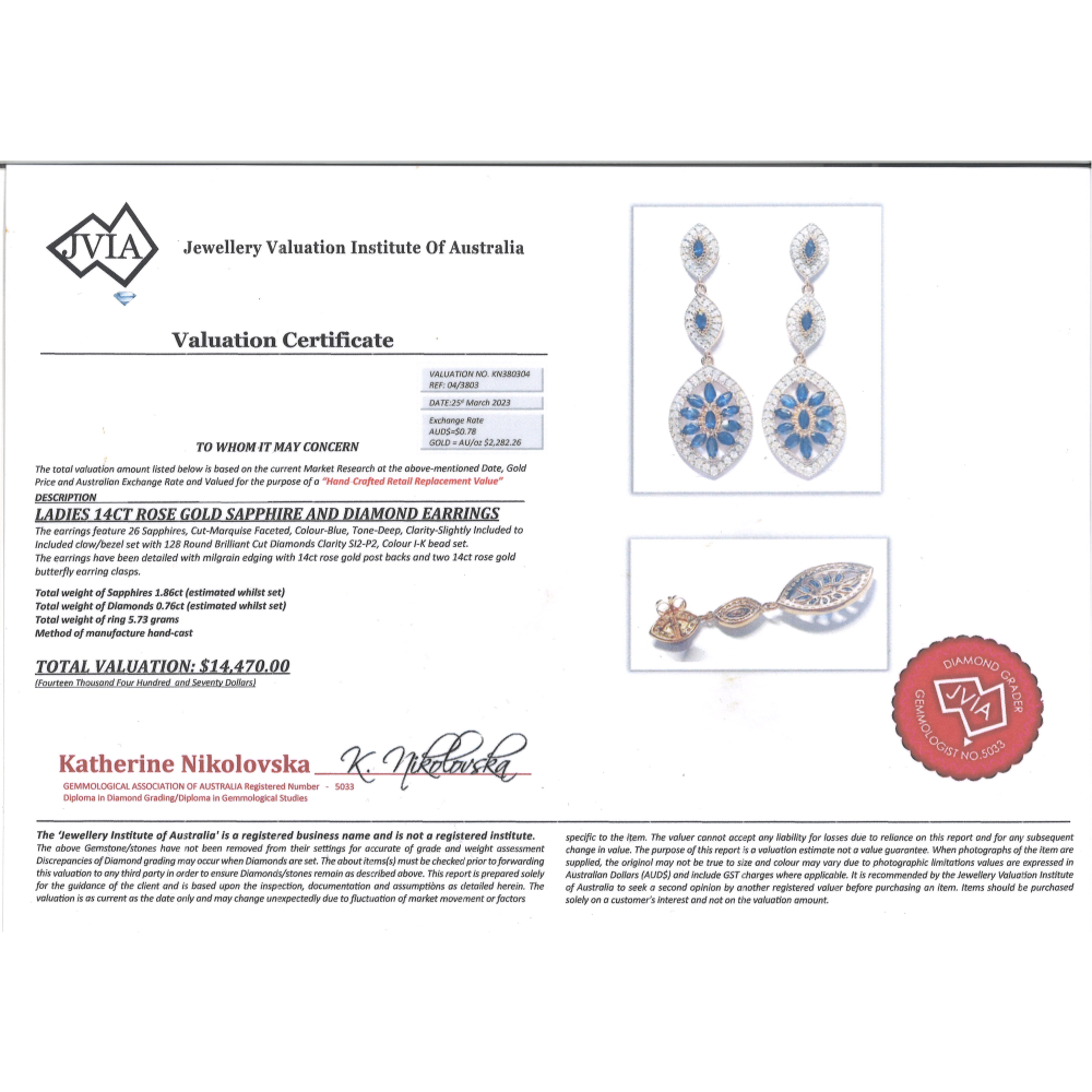Rose Gold Blue Sapphire and Diamond Decorative Drop Earrings