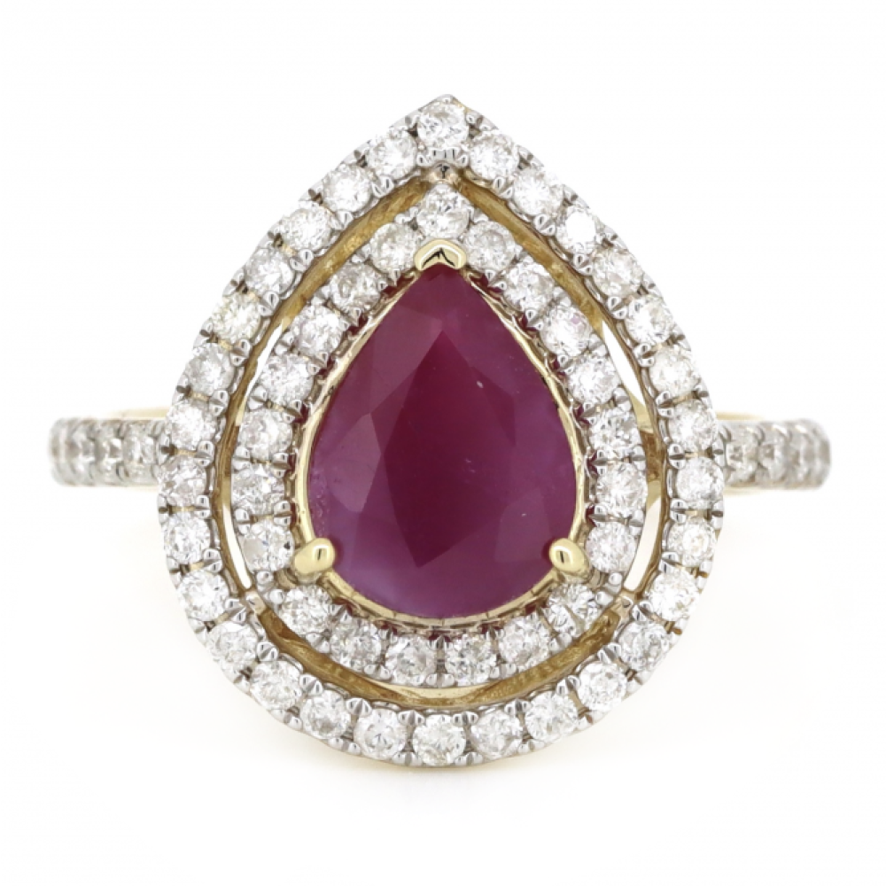 1.14ct Pear Cut Yellow Gold, Ruby and Diamond Double Halo Ring