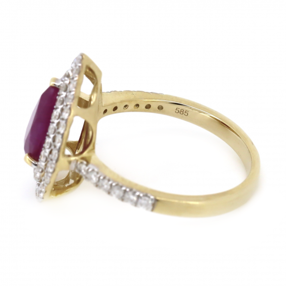 1.14ct Pear Cut Yellow Gold, Ruby and Diamond Double Halo Ring