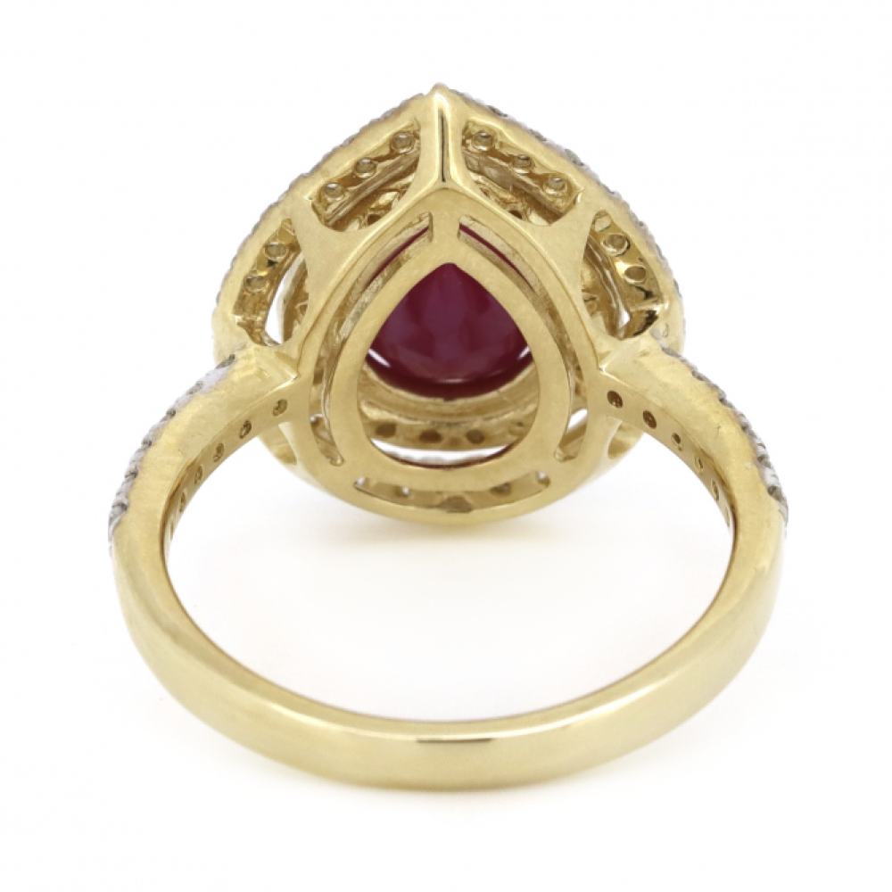 1.14ct Pear Cut Yellow Gold, Ruby and Diamond Double Halo Ring