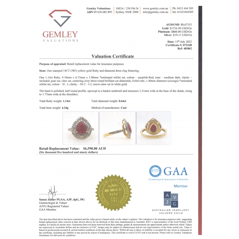 1.14ct Pear Cut Yellow Gold, Ruby and Diamond Double Halo Ring
