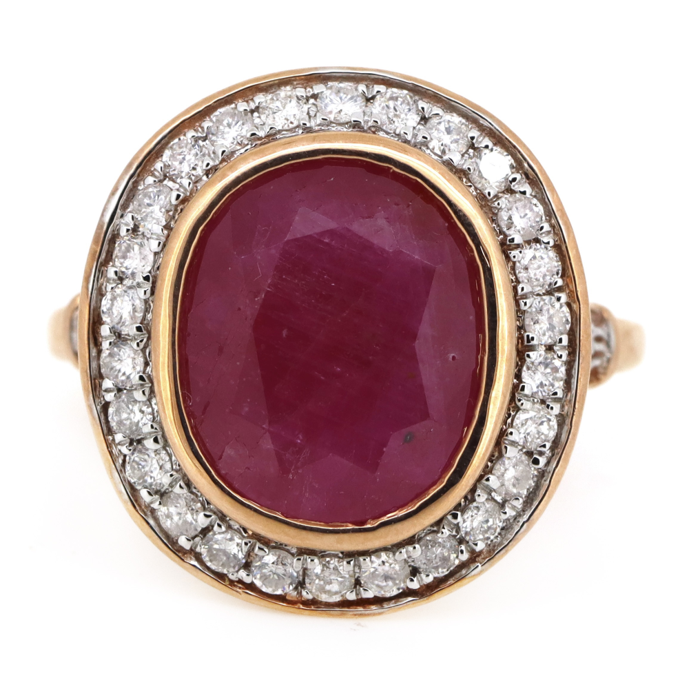 5.73ct Oval Cut Rose Gold, Ruby and Diamond Halo Ring