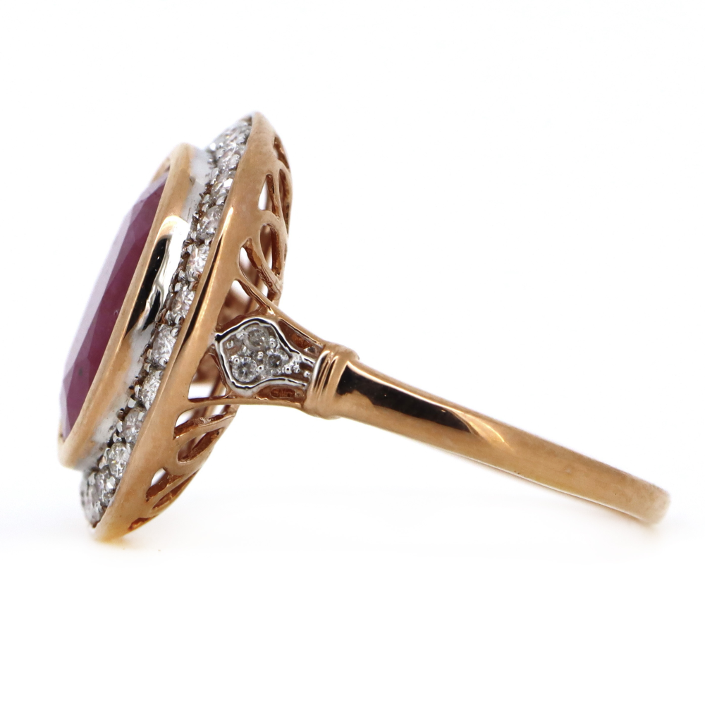 5.73ct Oval Cut Rose Gold, Ruby and Diamond Halo Ring