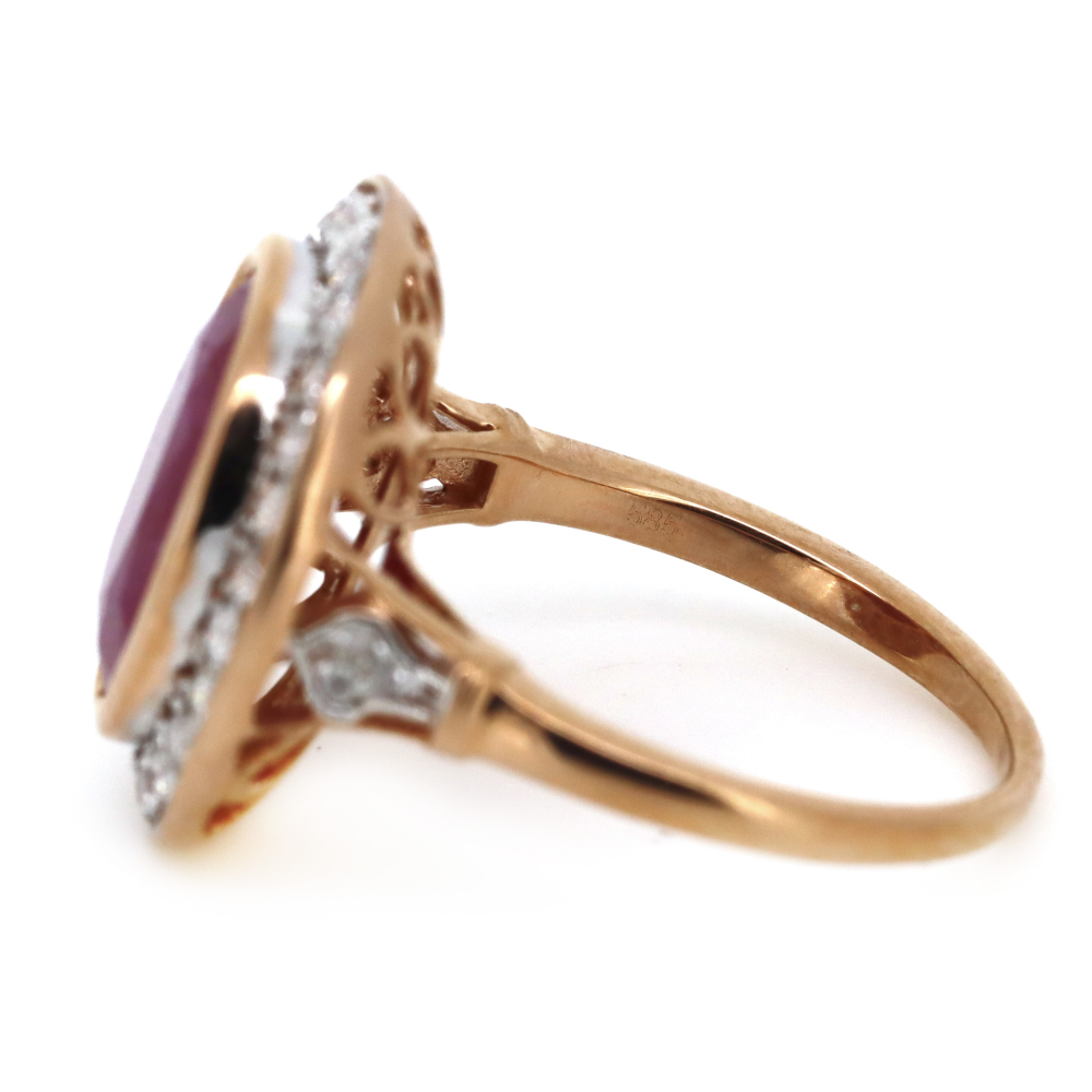 5.73ct Oval Cut Rose Gold, Ruby and Diamond Halo Ring