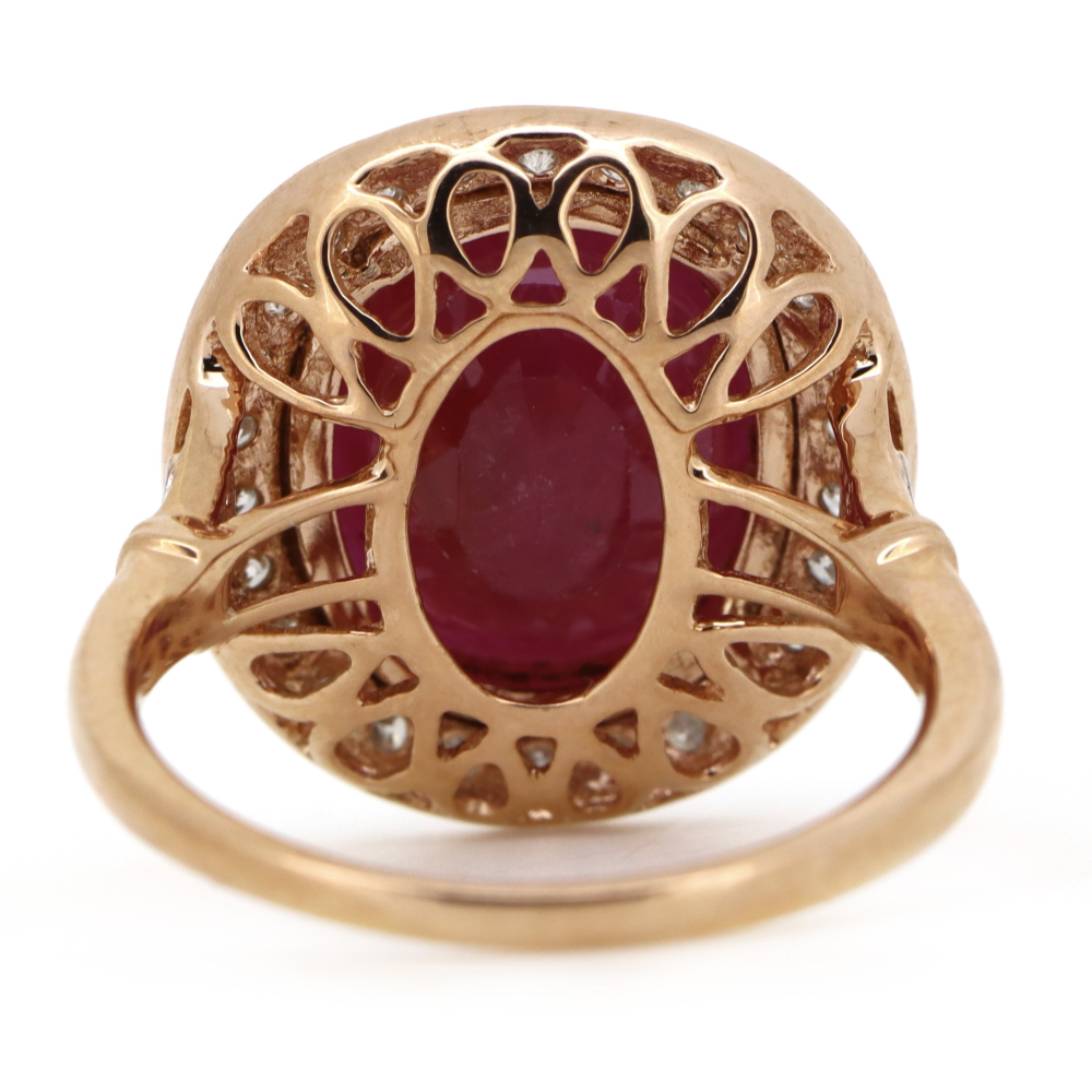 5.73ct Oval Cut Rose Gold, Ruby and Diamond Halo Ring
