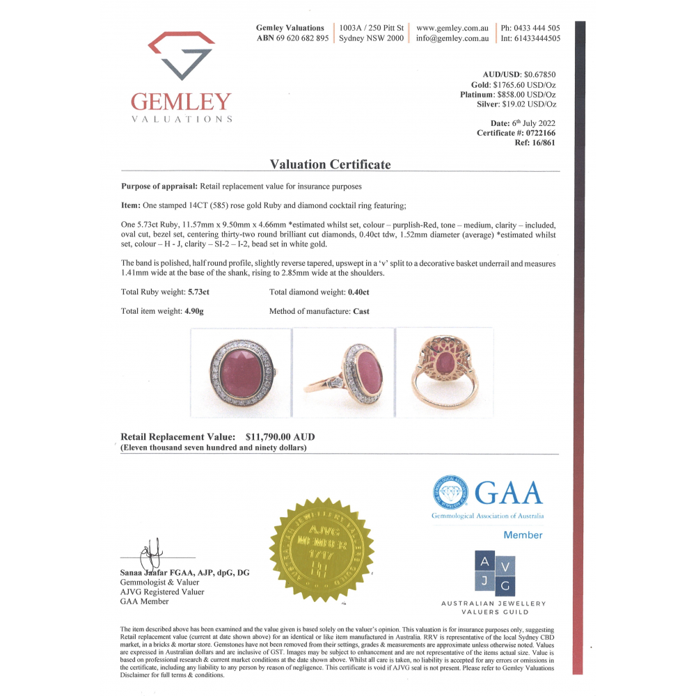 5.73ct Oval Cut Rose Gold, Ruby and Diamond Halo Ring