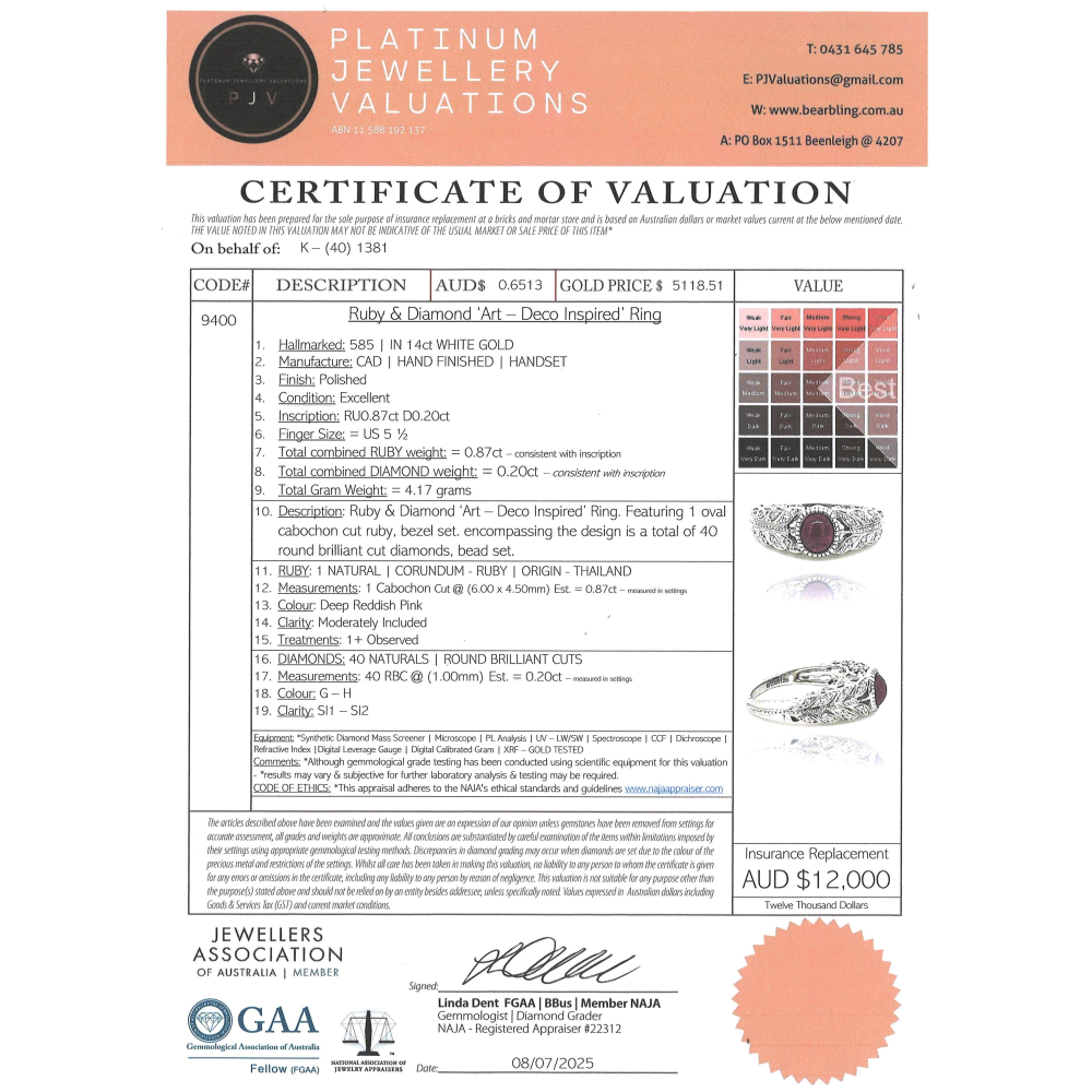 White Gold Ruby and Diamond Art Deco Inspired Ring