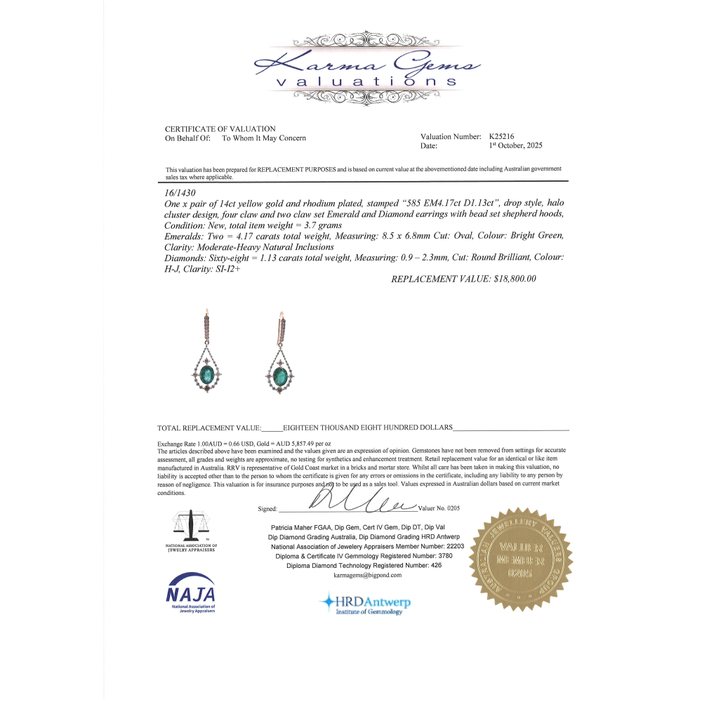 4.17ct Yellow Gold Emerald & Diamond Drop Earrings