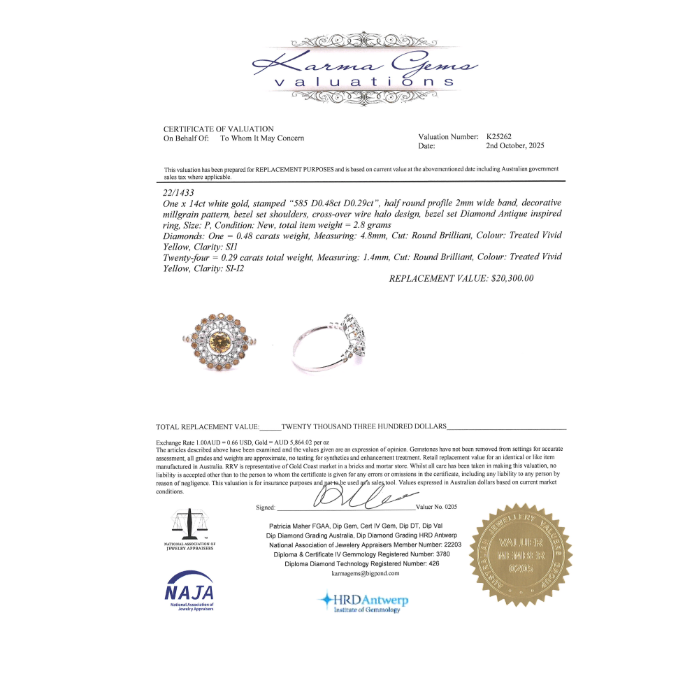 White Gold Fancy Yellow Diamond Antique Inspired Ring