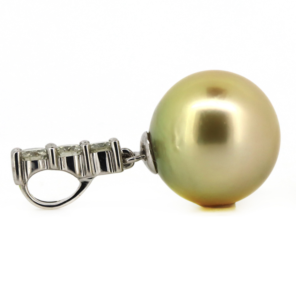White Gold, Golden Cultured South Sea Pearl and Diamond Drop Pendant