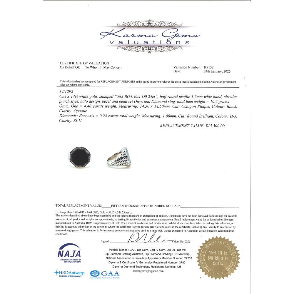 White Gold Onyx and Diamond Gents Ring