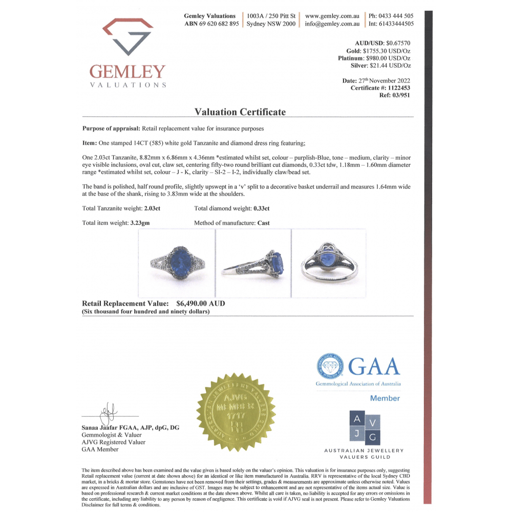 2.03ct White Gold Tanzanite and Diamond Halo Ring