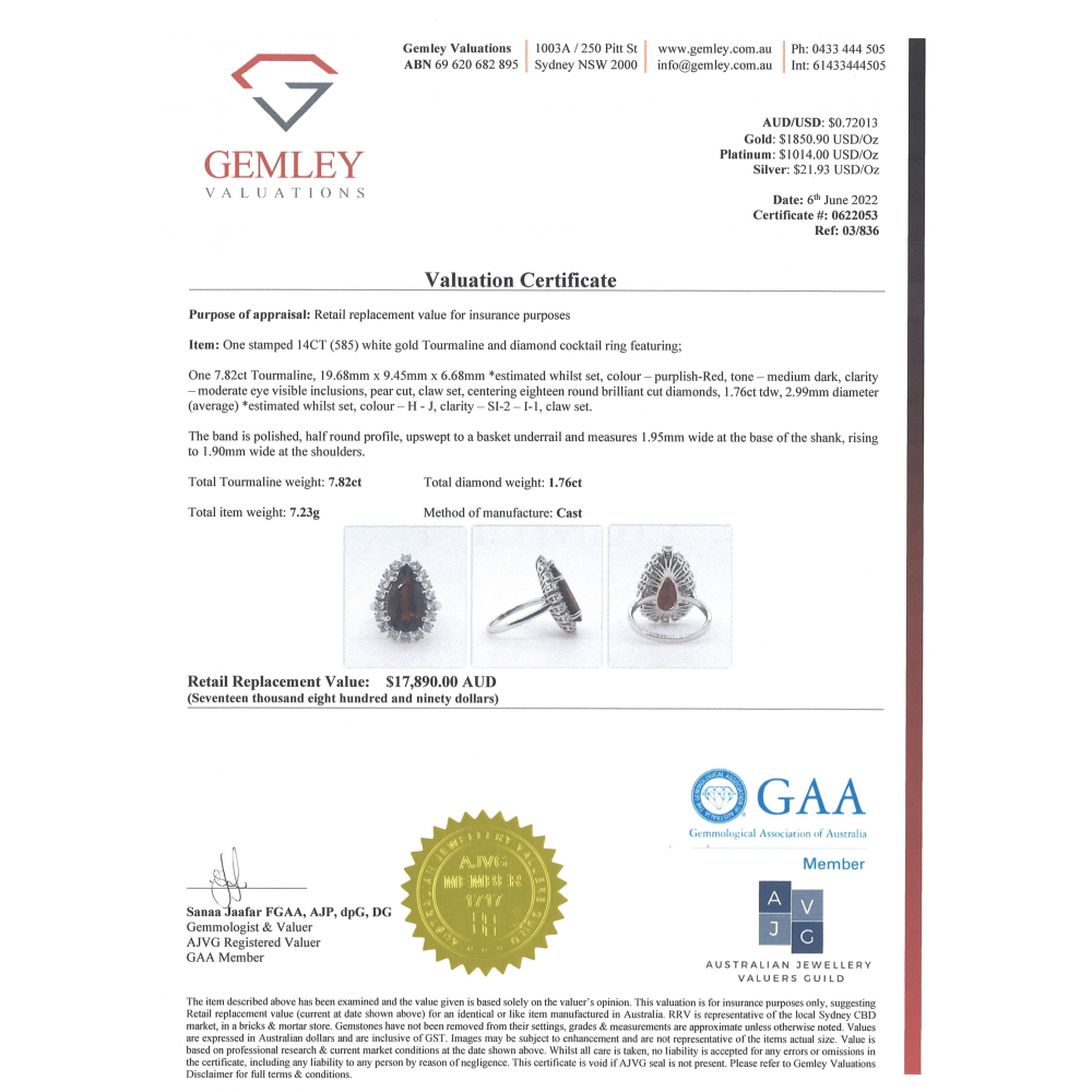 White Gold 7.82ct Red Tourmaline and Diamond Cocktail Ring