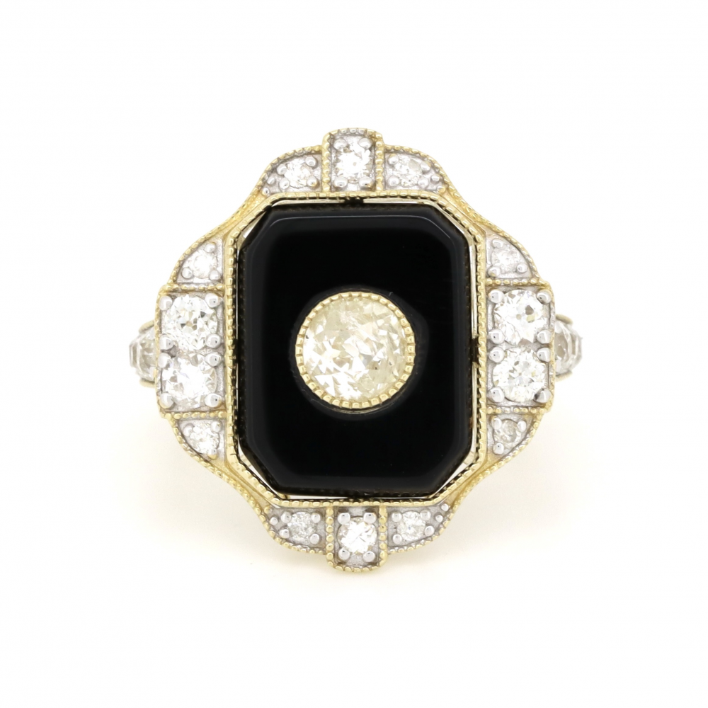 Yellow Gold Black Onyx and Diamond Statement Ring