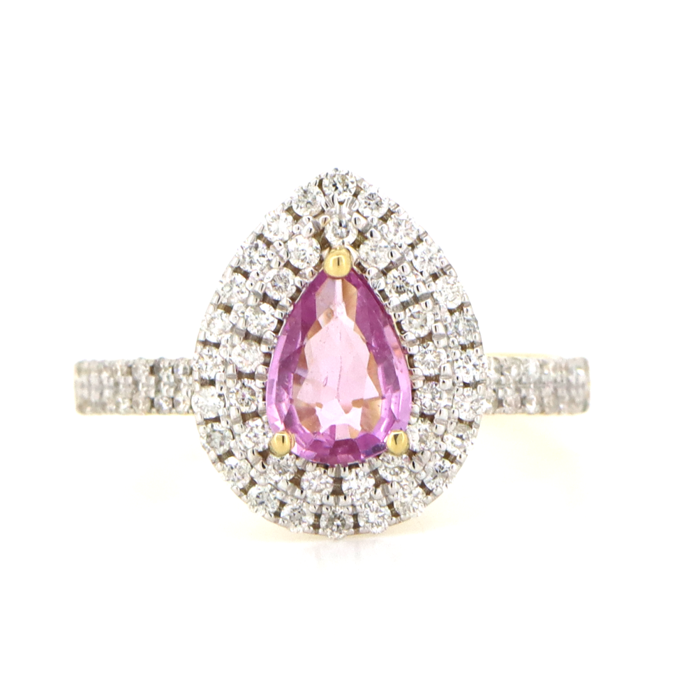 Yellow Gold Pink Sapphire and Diamond Double Halo Ring