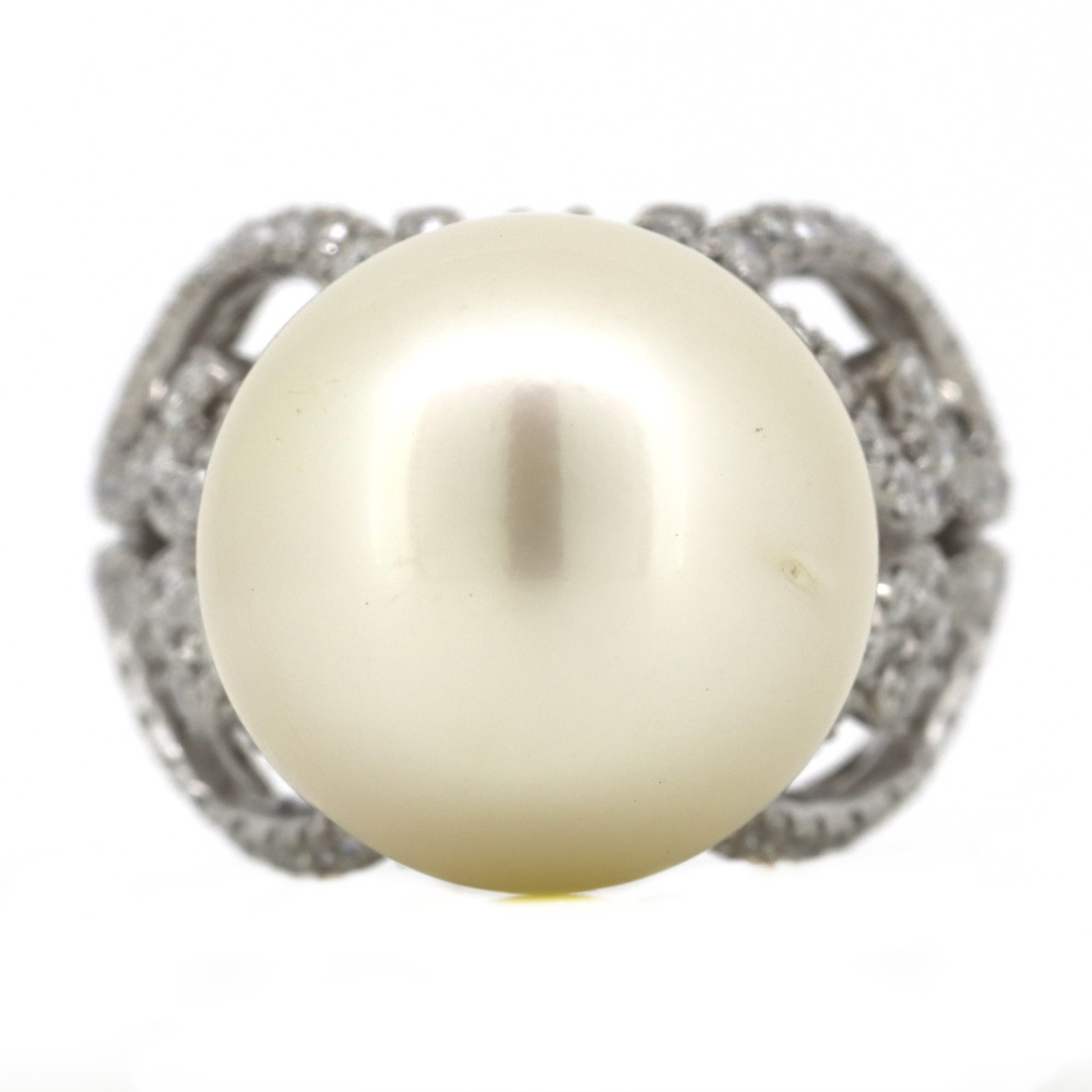 White Gold Cream Cultured South Sea Pearl and Diamond Cocktail Ring