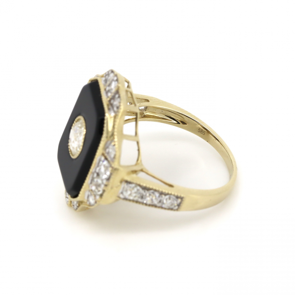 Yellow Gold Black Onyx and Diamond Statement Ring