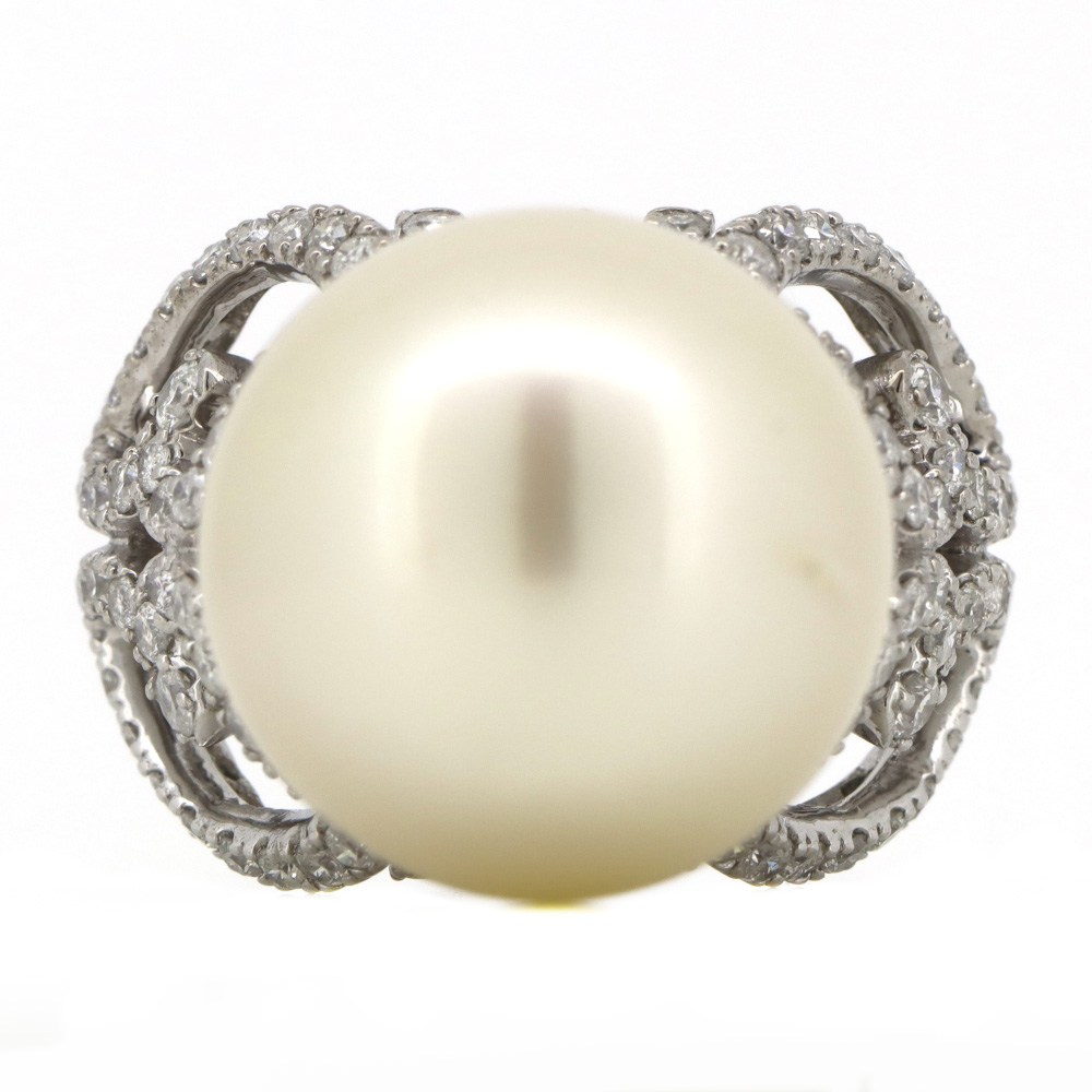 White Gold Cream Cultured South Sea Pearl and Diamond Cocktail Ring