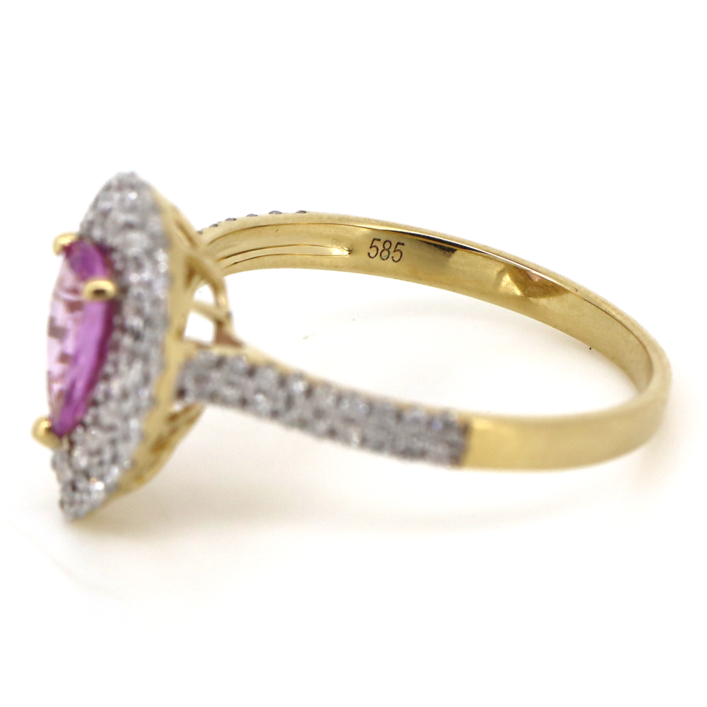 Yellow Gold Pink Sapphire and Diamond Double Halo Ring