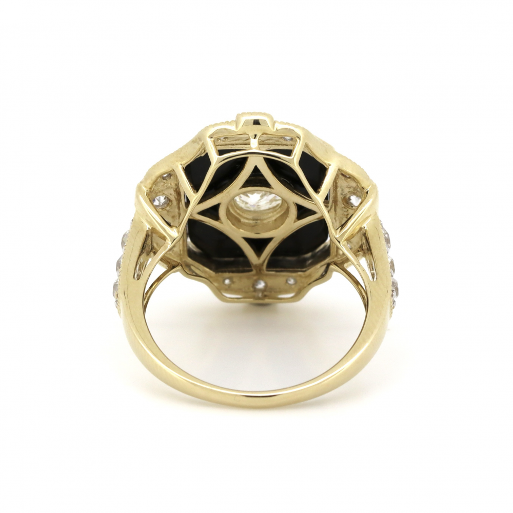 Yellow Gold Black Onyx and Diamond Statement Ring