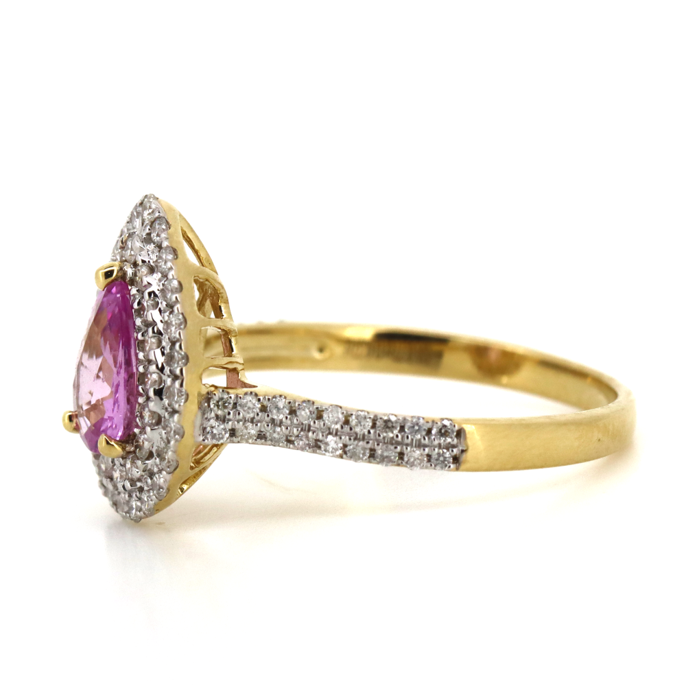 Yellow Gold Pink Sapphire and Diamond Double Halo Ring