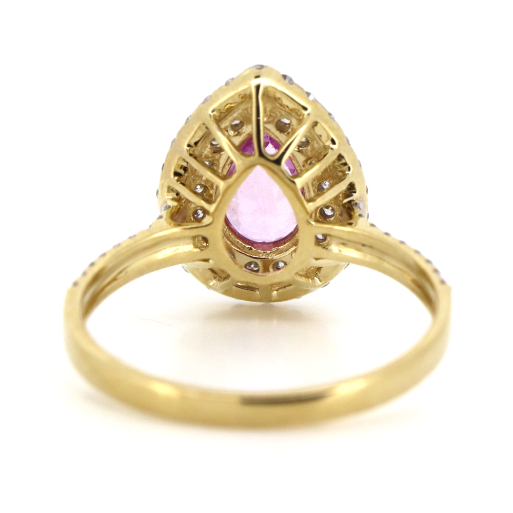 Yellow Gold Pink Sapphire and Diamond Double Halo Ring