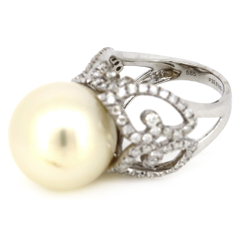 White Gold Cream Cultured South Sea Pearl and Diamond Cocktail Ring