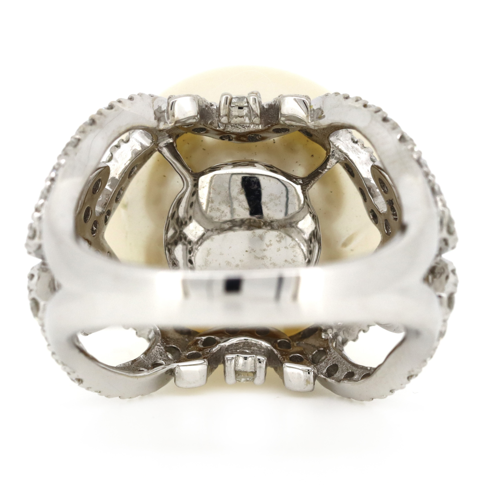 White Gold Cream Cultured South Sea Pearl and Diamond Cocktail Ring
