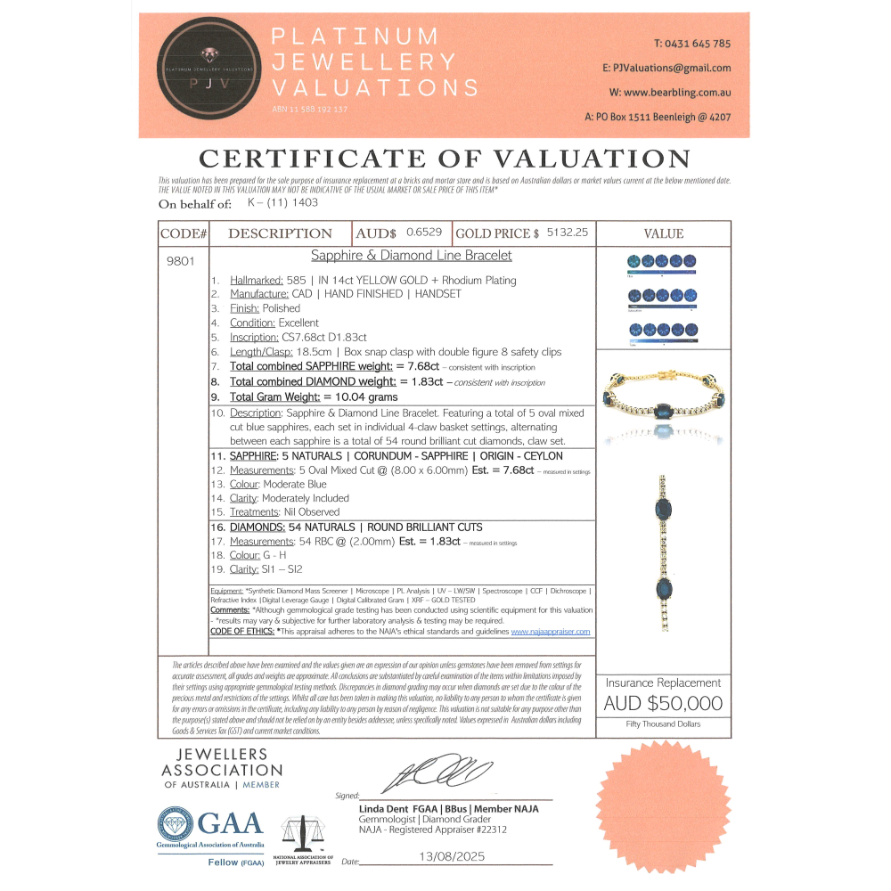 Yellow Gold Blue Ceylon Sapphire & Diamond Line Bracelet