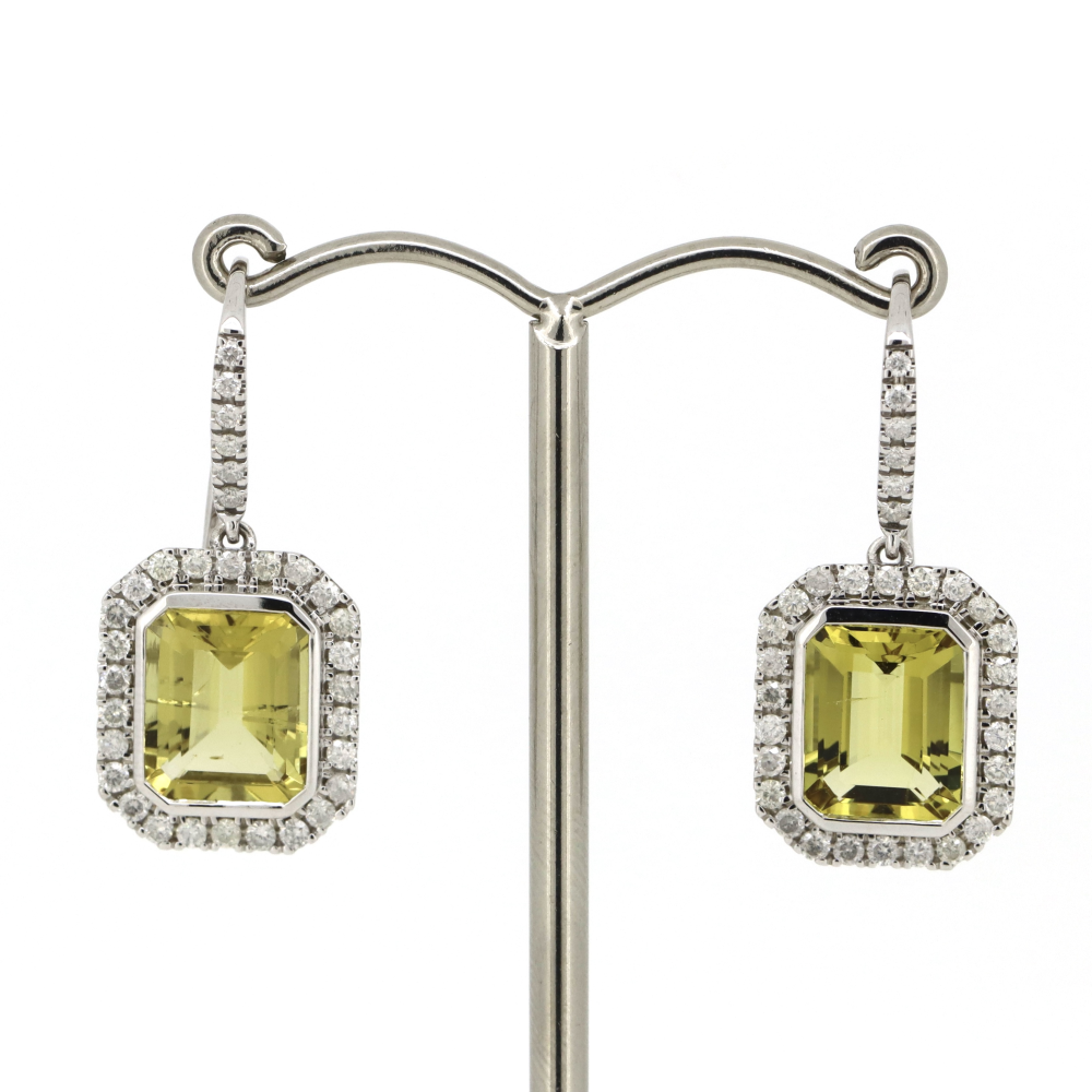White Gold Heliodor and Diamond Halo Drop Earrings