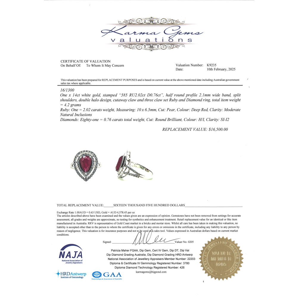 2.02ct White Gold Ruby and Diamond Double Halo Split Band Ring