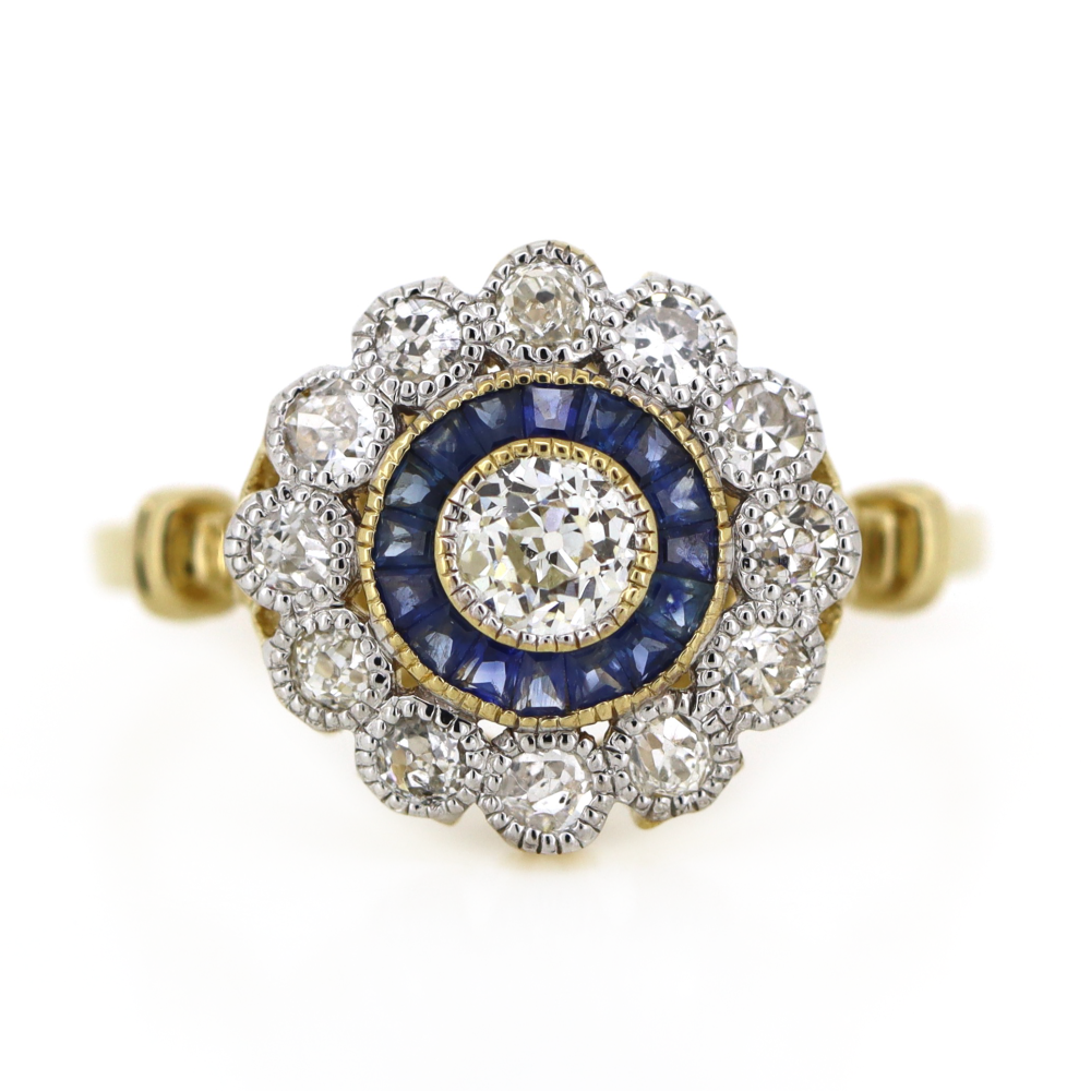 Yellow Gold Blue Sapphire and Diamond Halo Ring