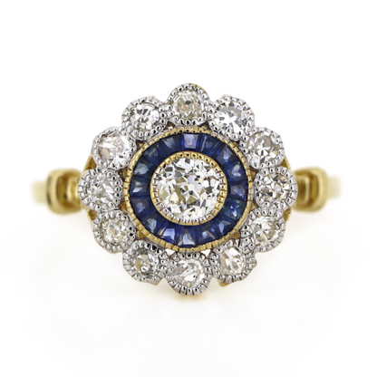 Yellow Gold Blue Sapphire and Diamond Halo Ring