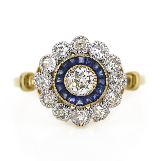 Yellow Gold Blue Sapphire and Diamond Halo Ring
