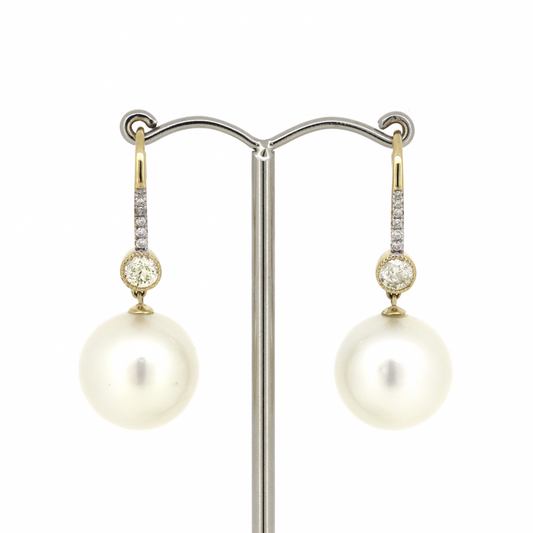 White Cultured South Sea Pearl and Yellow Diamond Drop Earrings